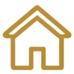 Outline of a house with a peaked roof, a small chimney on the right side, and a centered door.