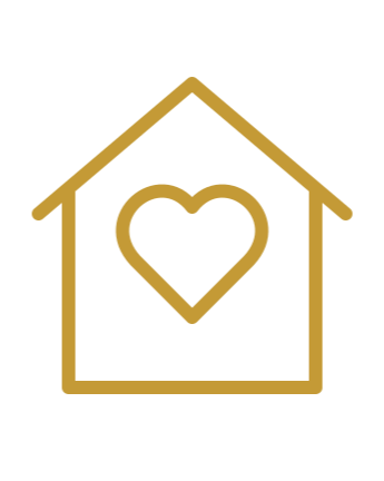 Outline of a house with a heart inside, both in gold.