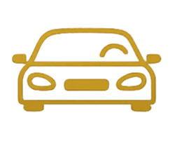 A colorful, stylized line drawing of a yellow sports car viewed from the front.