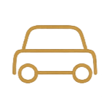 Simple icon of a small car with a rounded top and two wheels
