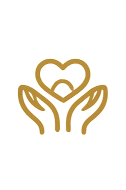 A simple line drawing of two hands gently holding a heart with a smaller heart inside it, symbolizing care and love.