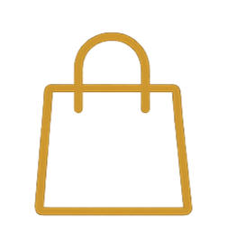 Illustration of a shopping bag with a gold outline, red, blue, and black colors, and handles.