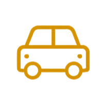 Golden outline of a compact car with two doors and rounded wheels.