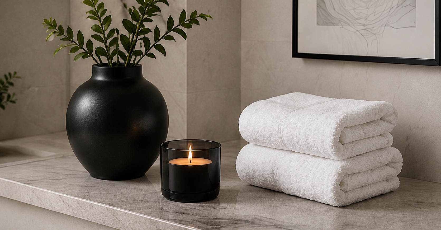 A black vase with green leafy plant, black candle holder with lit candle, and three neatly folded white towels on a beige marble countertop.
