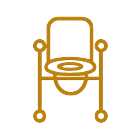 Outline drawing of a throne with armrests and a cushion, in gold color.