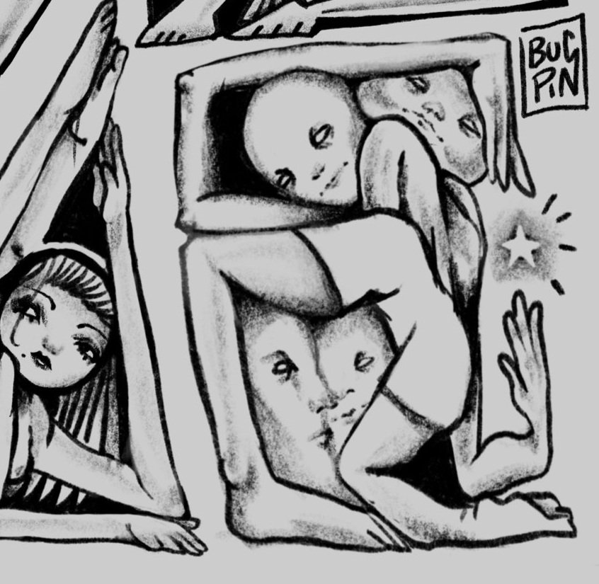 Black and white sketch of a girl with dark hair and bangs holding a sign that says 'Buy Pin'. A second girl is depicted as a collage made of faces and limbs, forming a complex, abstract figure.