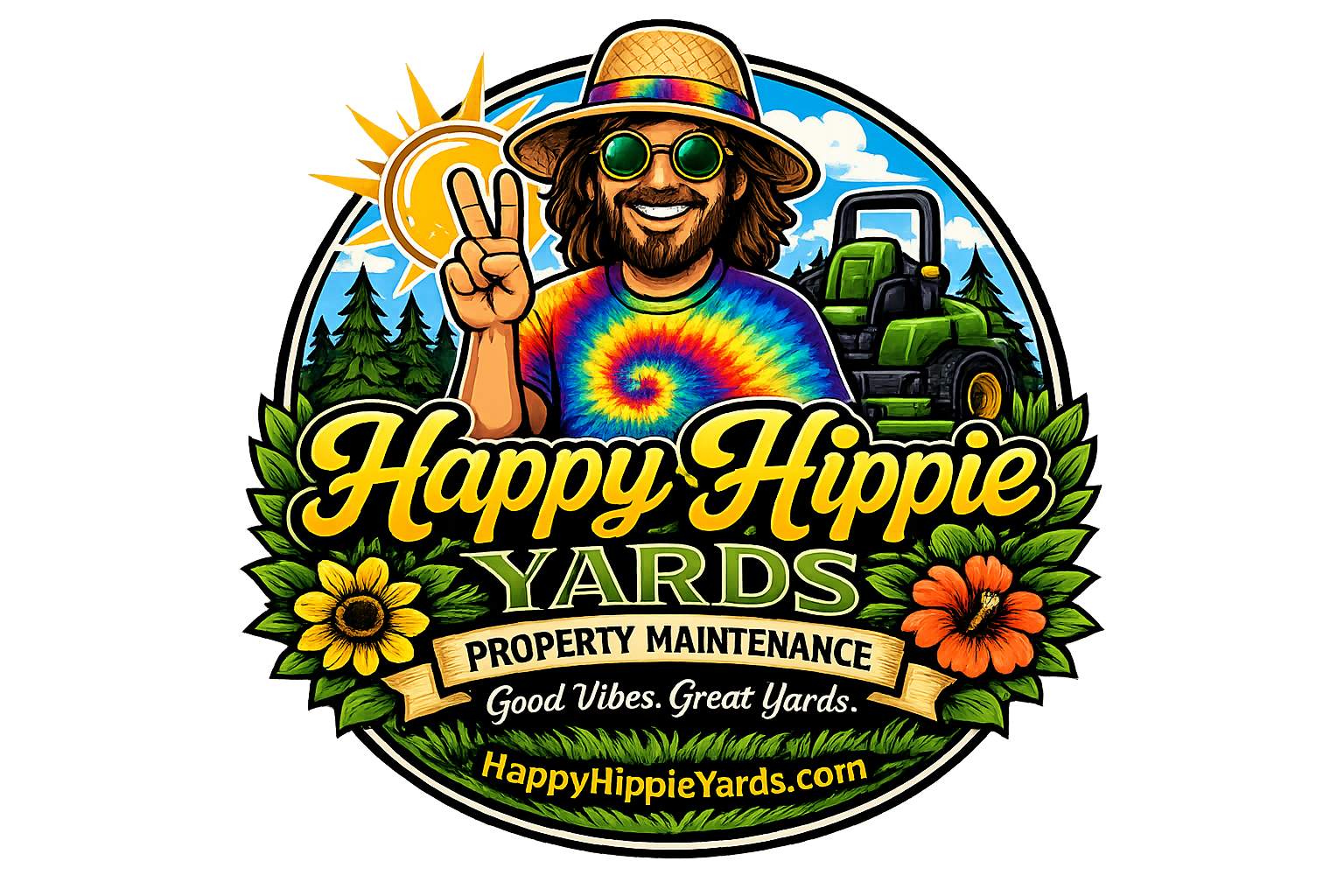A colorful cartoon logo for Happy Hippie Yards featuring a smiling man with long hair and beard, wearing rainbow-tie-dye shirt, round glasses, and a straw hat. He is making a peace sign with his right hand. The background includes a bright sun, trees, and a tractor. The logo contains the text "Happy Hippie Yards," "Property Maintenance," "Good Vibes. Great Yards," and the website "HappyHippieYards.com" surrounded by flowers.