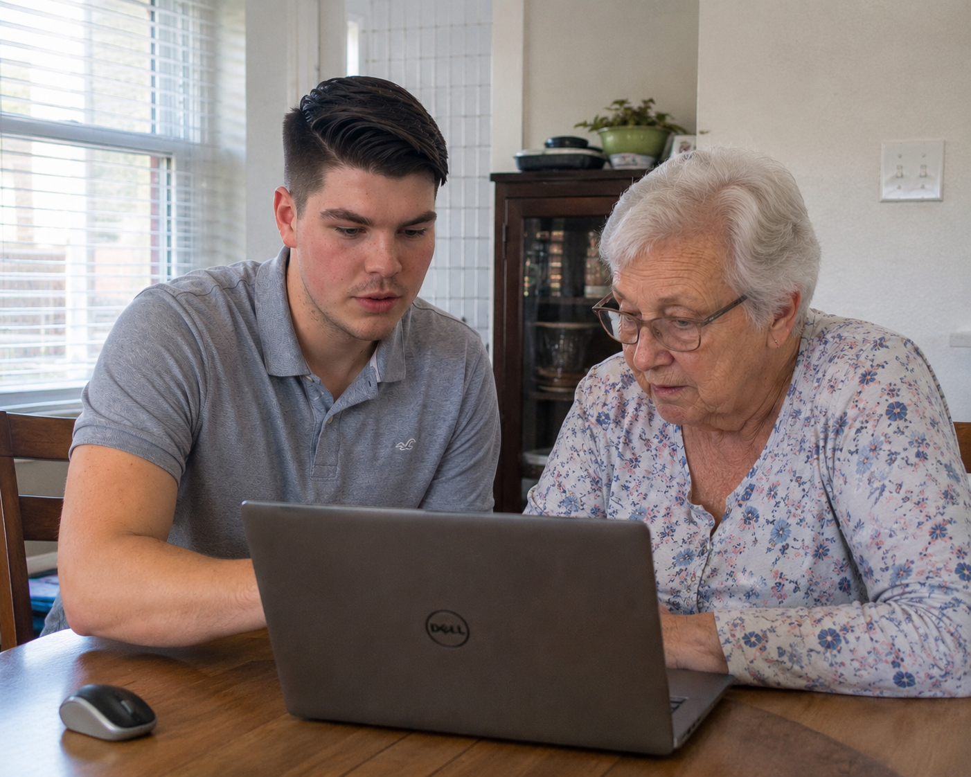 man helping woman with computer