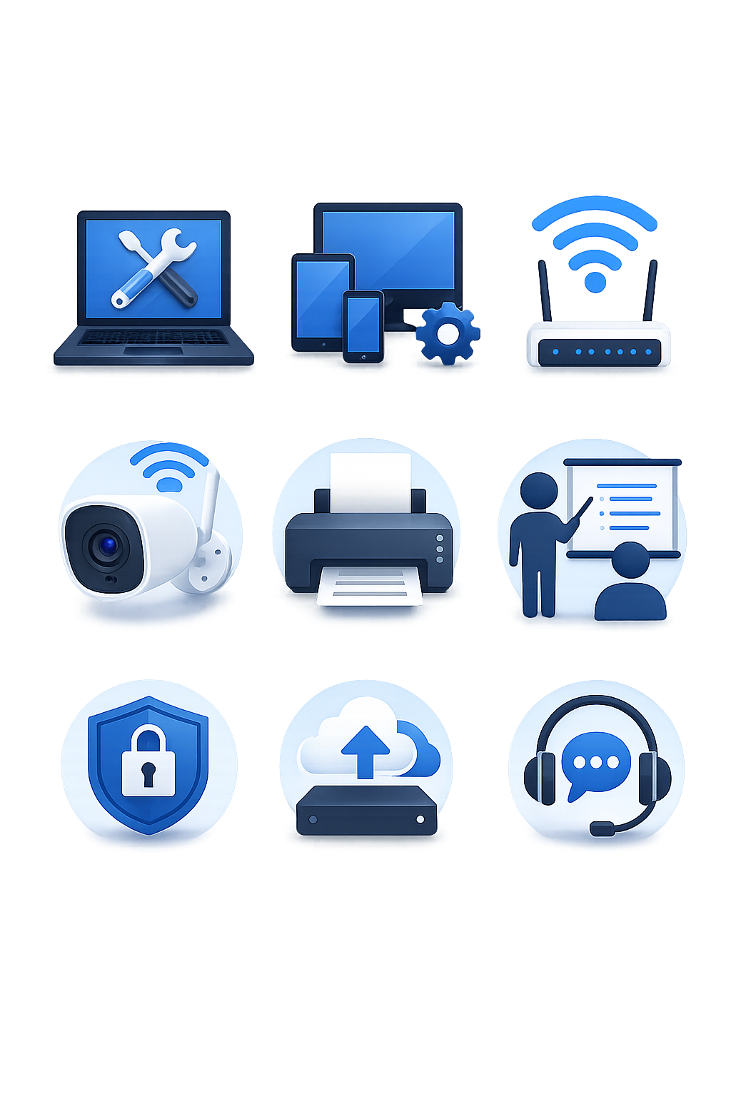 Collection of technology devices including a laptop with tools icon, tablets, smartphone, Wi-Fi router, security camera, printer, and a teacher giving a presentation, with icons of security, cloud uploading, and communication.