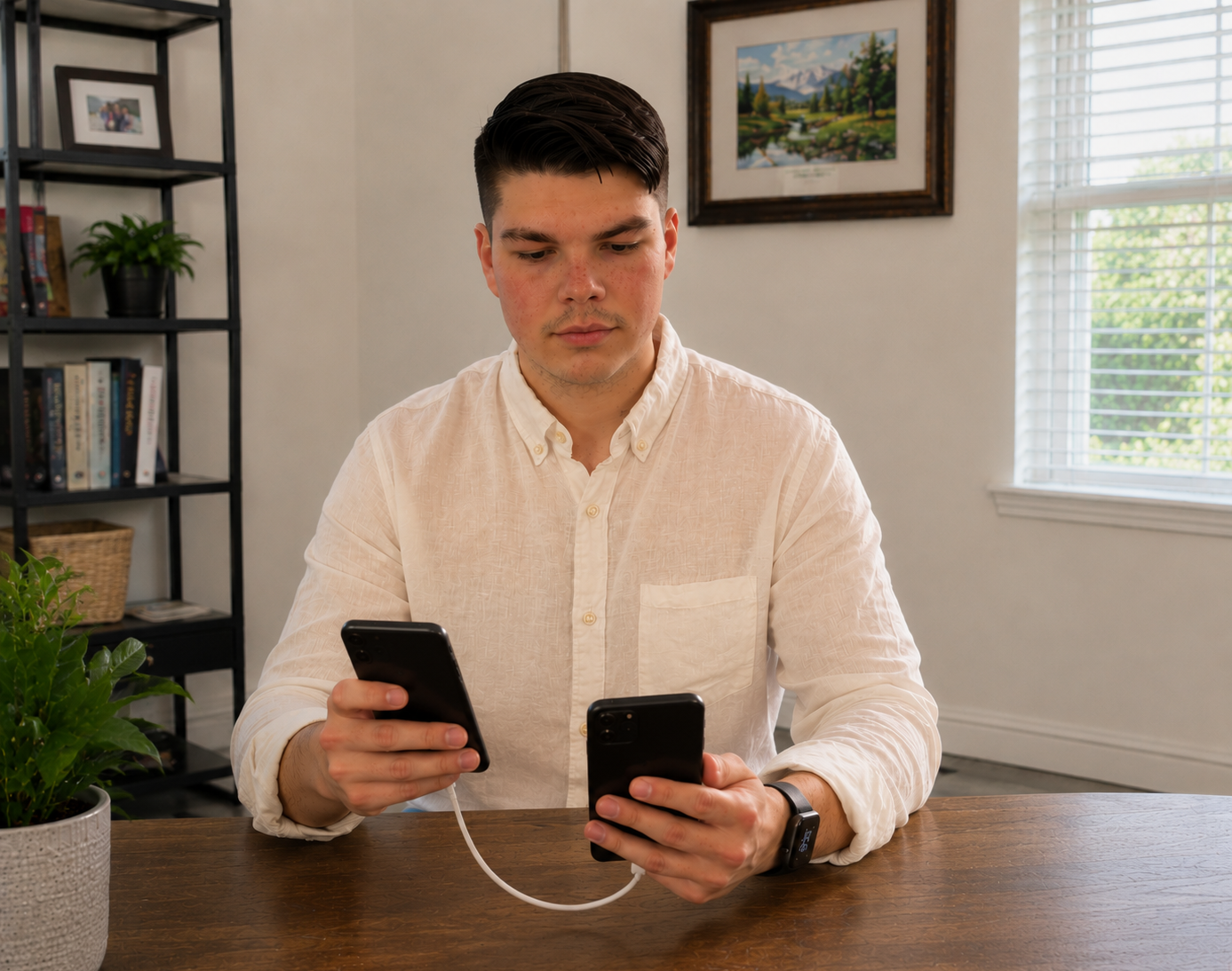 man holding two phones