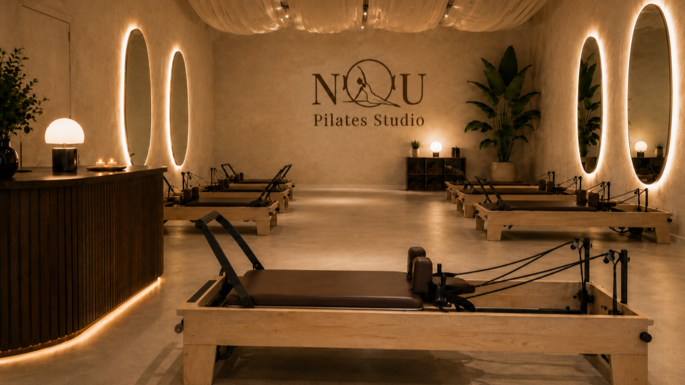 Binnenruimte van een pilatesstudio met houten reformers, zachte verlichting en planten. Grote ronde spiegels aan de muur en een receptietafel links.