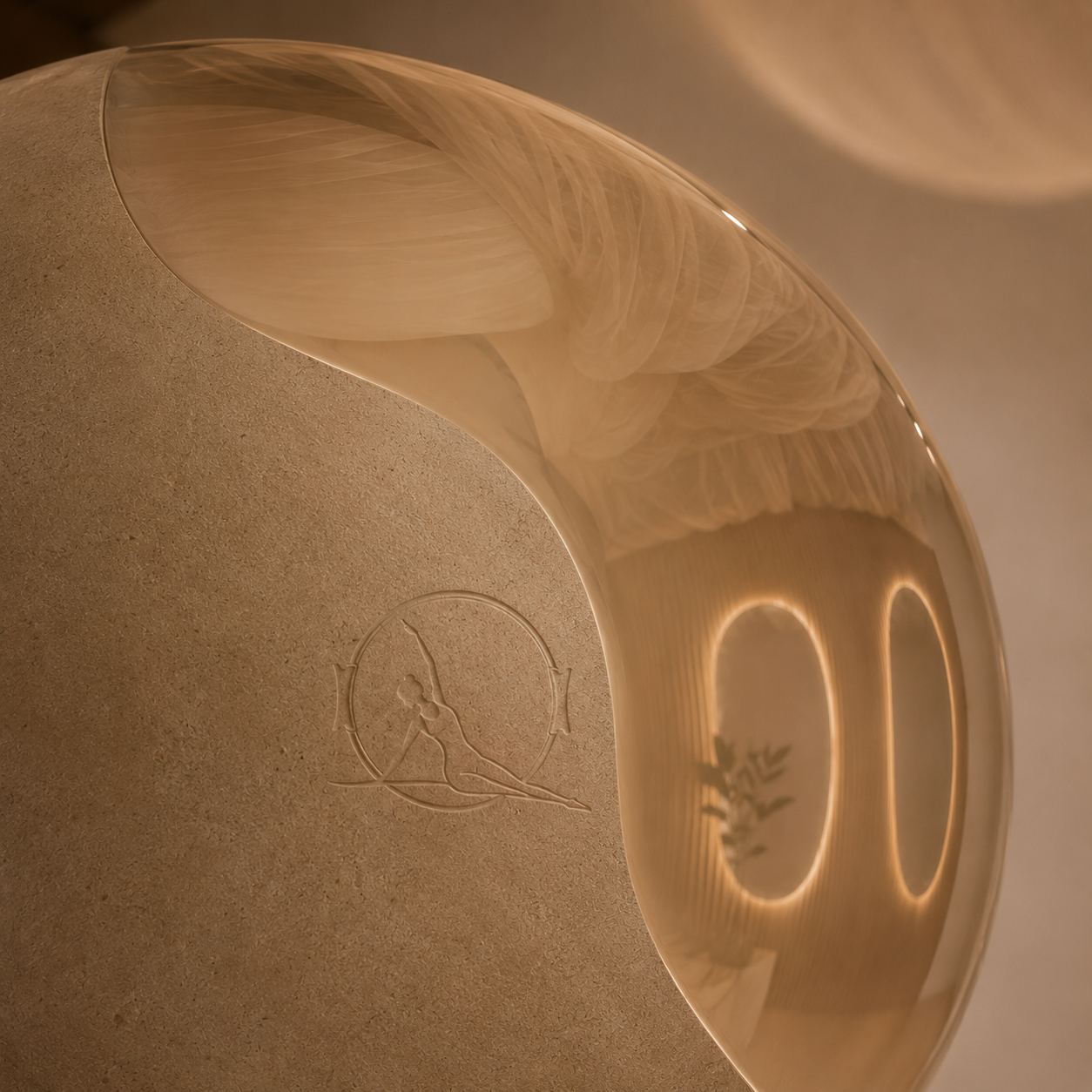 Een gouden of beige sculptuur met een glanzend oppervlak en een uitbeelding van een danser. Het beeld is rond de basis en heeft een vloeiende, gestructureerde vorm.