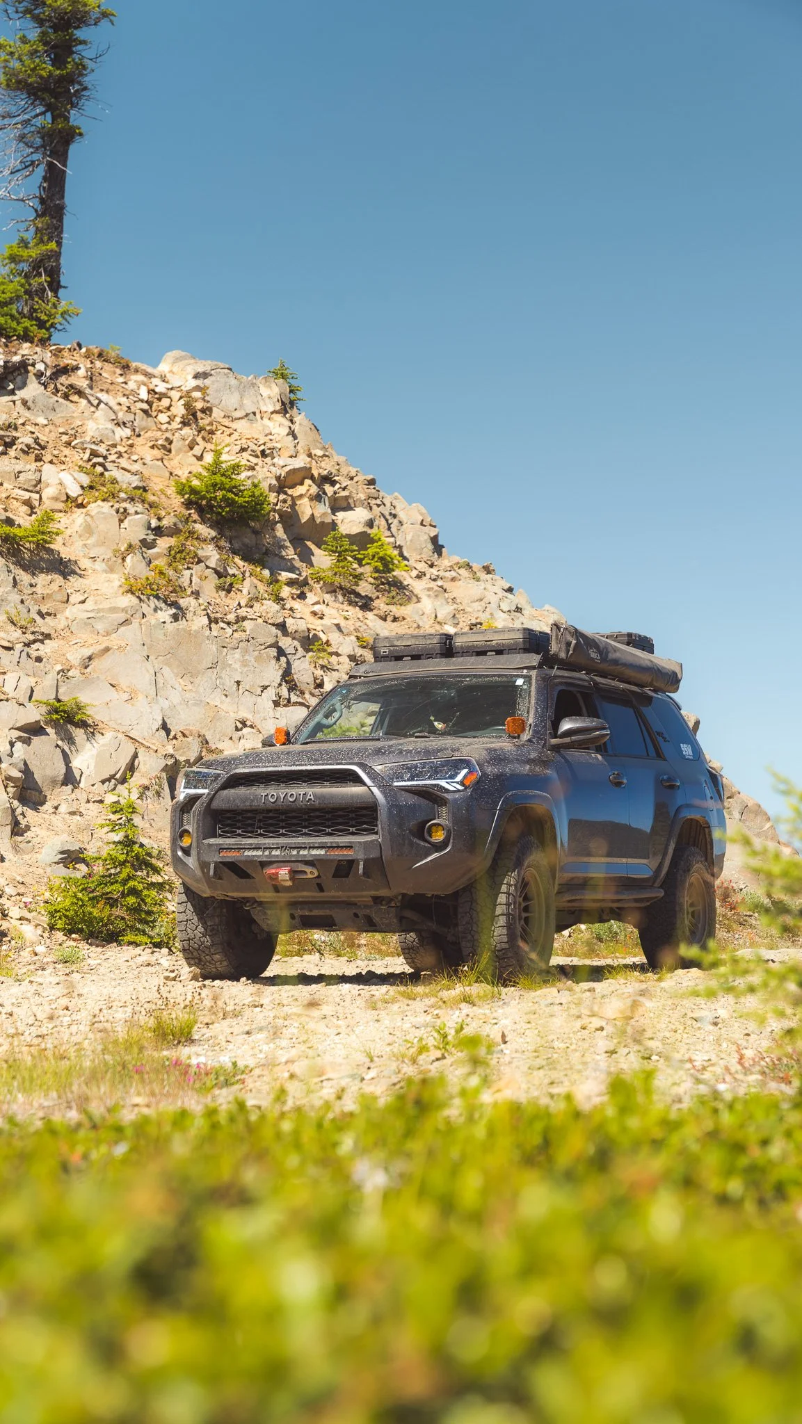 A black Toyota off-road vehicle parked on a rocky dirt trail near a hillside with small pine trees, under a clear blue sky.