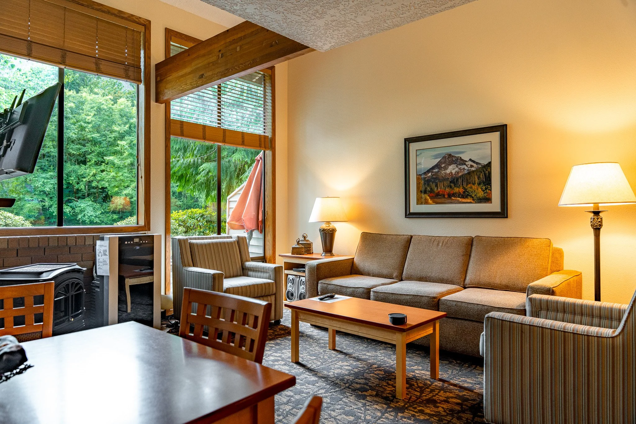 Living room with large windows overlooking green trees, wooden blinds, a framed mountain photograph on the wall, lamps, a brown sofa, striped armchairs, a wooden coffee table, and a TV.