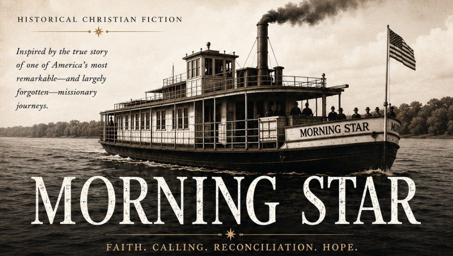 A vintage black and white steamboat named Morning Star sailing on a river, with an American flag flying at the stern, trees along the riverbank in the background, and text about Christian fiction and faith themes.