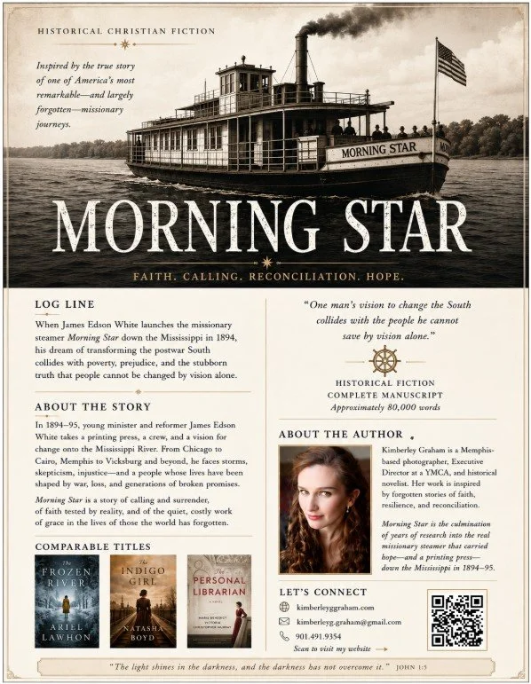 Poster for the book 'Morning Star' featuring a black and white photo of a steamboat named Morning Star on a river, with trees in the background and an American flag flying on the boat. The poster includes summaries of the story, author information, and contact details.