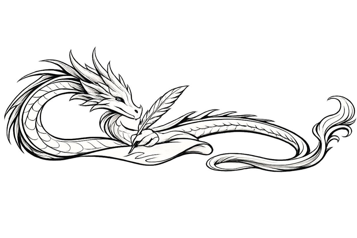 Black and white illustration of a dragon with a long, curled body, sharp features, and a feathered tail, resting on the ground.
