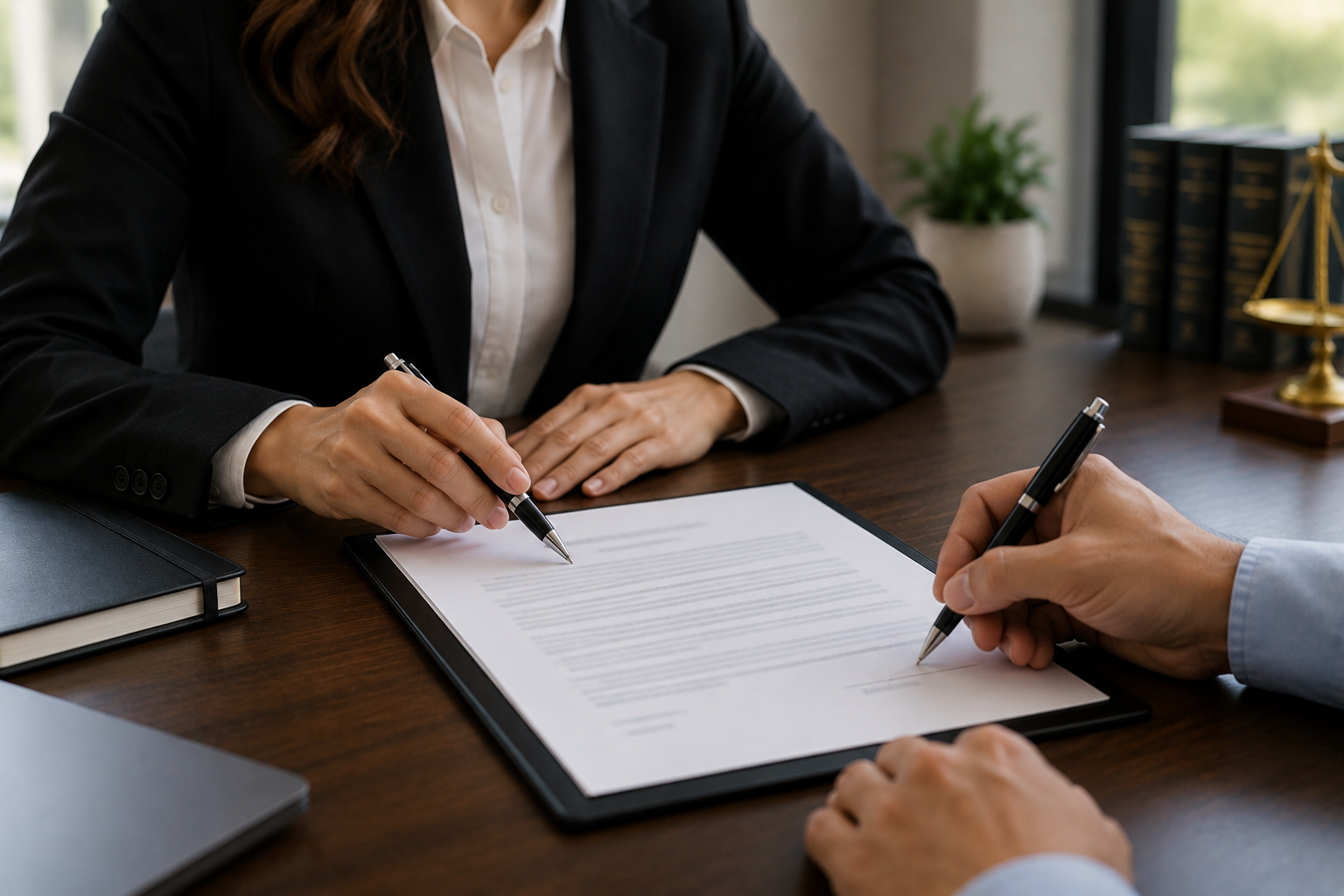 Two people signing a document at a desk.