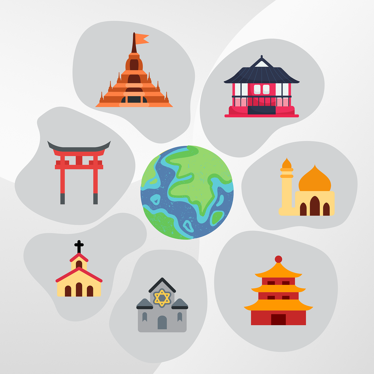 Illustration of the Earth surrounded by various famous religious buildings from different cultures around the world.
