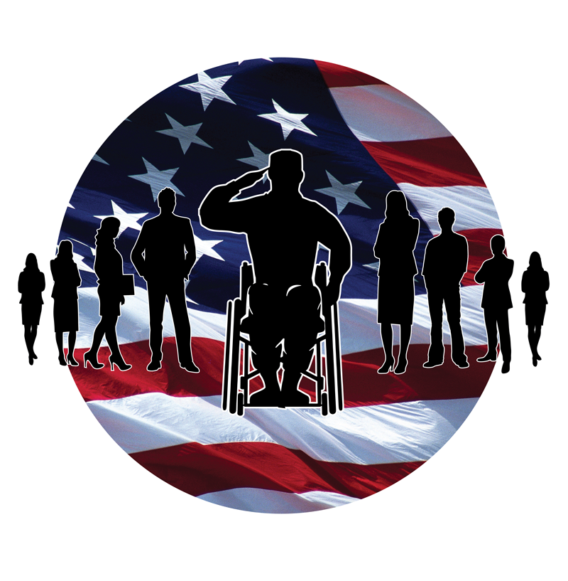 Silhouettes of diverse people, including one in a wheelchair saluting, against a background of the American flag.
