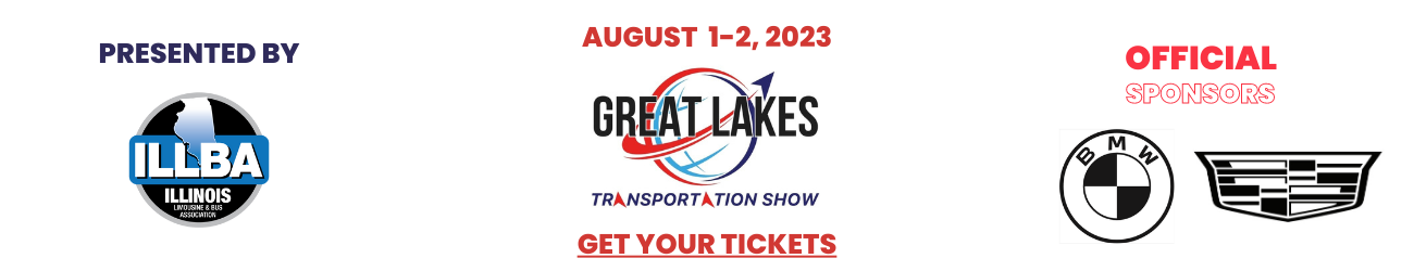 Event banner for Great Lakes Transportation Show, August 1-2, 2023, presented by Illinois Lincoln Lodge and Bus Association. Features logos of BMW and Cadillac as official sponsors.
