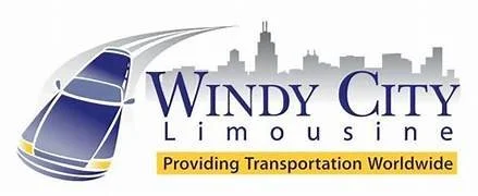 Logo for Windy City Limousine with a stylized city skyline and a moving limousine, slogan 'Providing Transportation Worldwide' in yellow