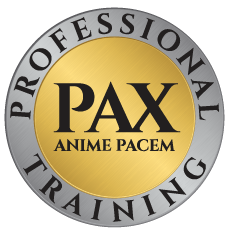 Logo for PAX Anime Pacem Professional Training, featuring a gold circle with black and gray text.