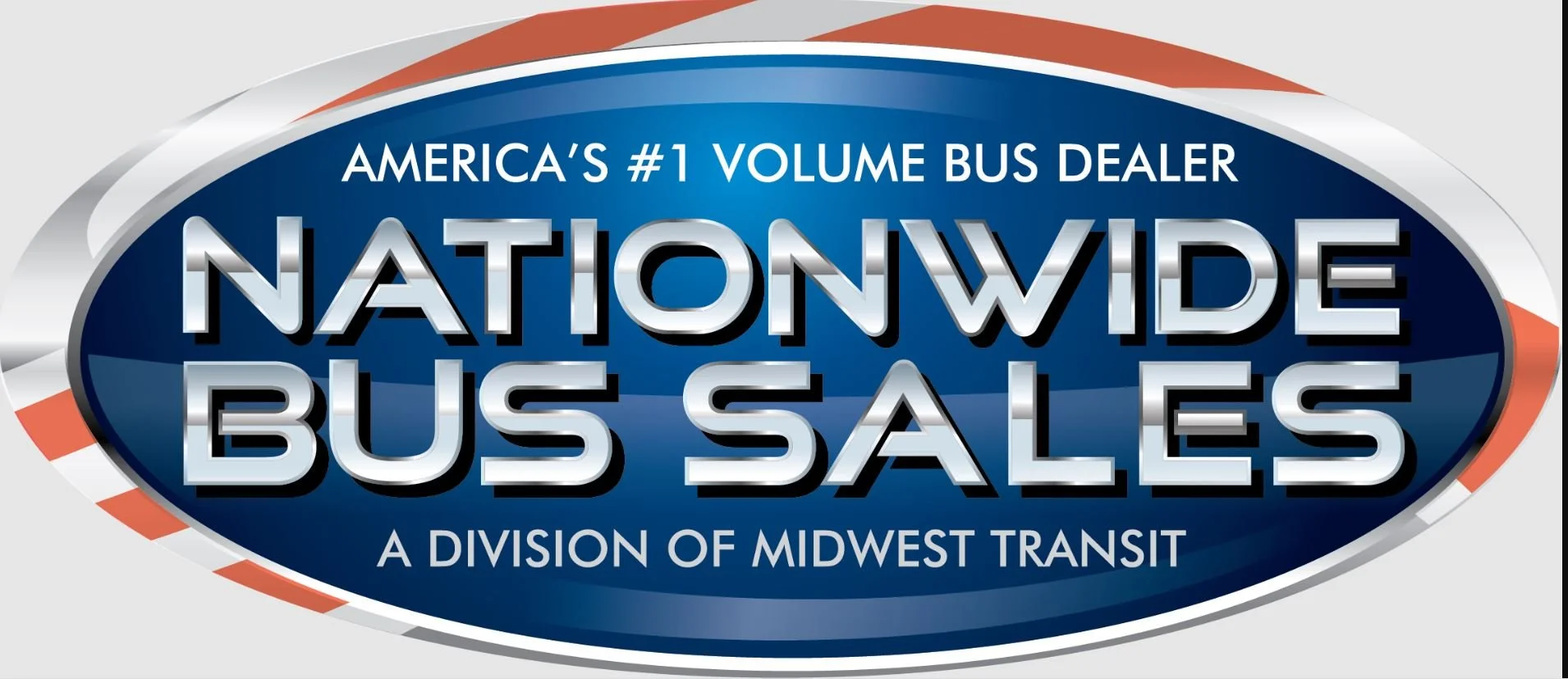 A logo for Nationwide Bus Sales, indicating it is America's number one volume bus dealer and a division of Midwest Transit, featuring blue, white, and orange colors.