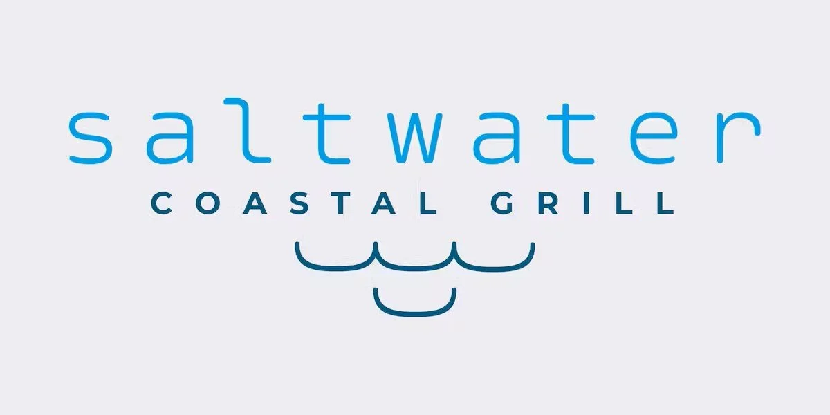 Logo for Saltwater Coastal Grill with stylized waves beneath the text