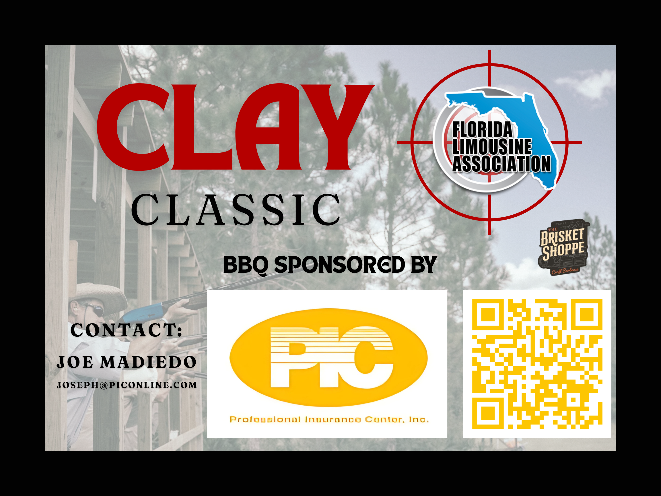 Logo for the Clay County Classic event featuring a target sight with the outline of Florida and a blue crosshair with red lines, text indicating sponsorship details, a QR code, and a contact email.