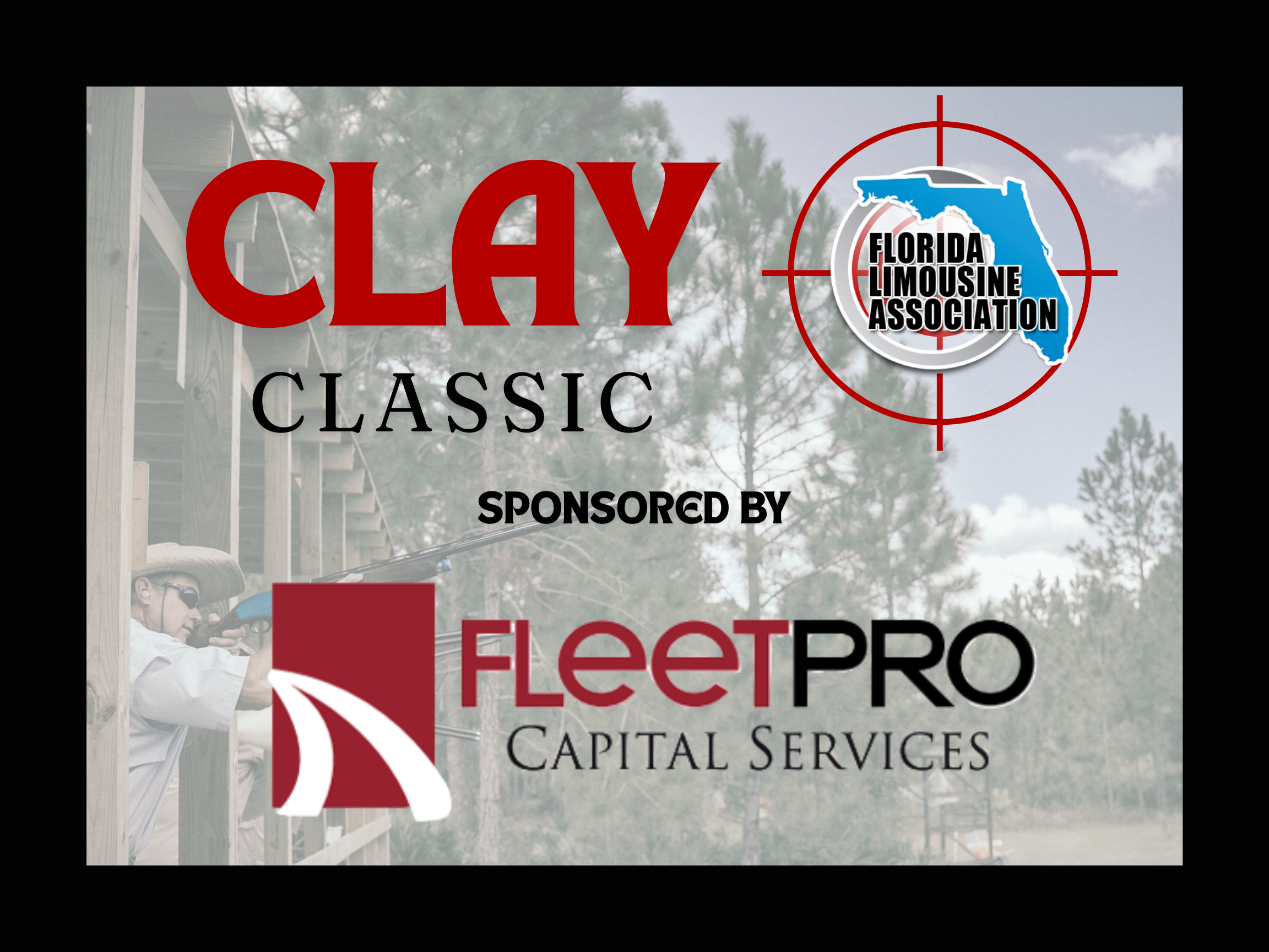 Signboard with logo and text of Florida Limousine Association, featuring a map of Florida in blue and a target crosshair, with the word 'CLAY' in large red letters and additional text for sponsors and services.
