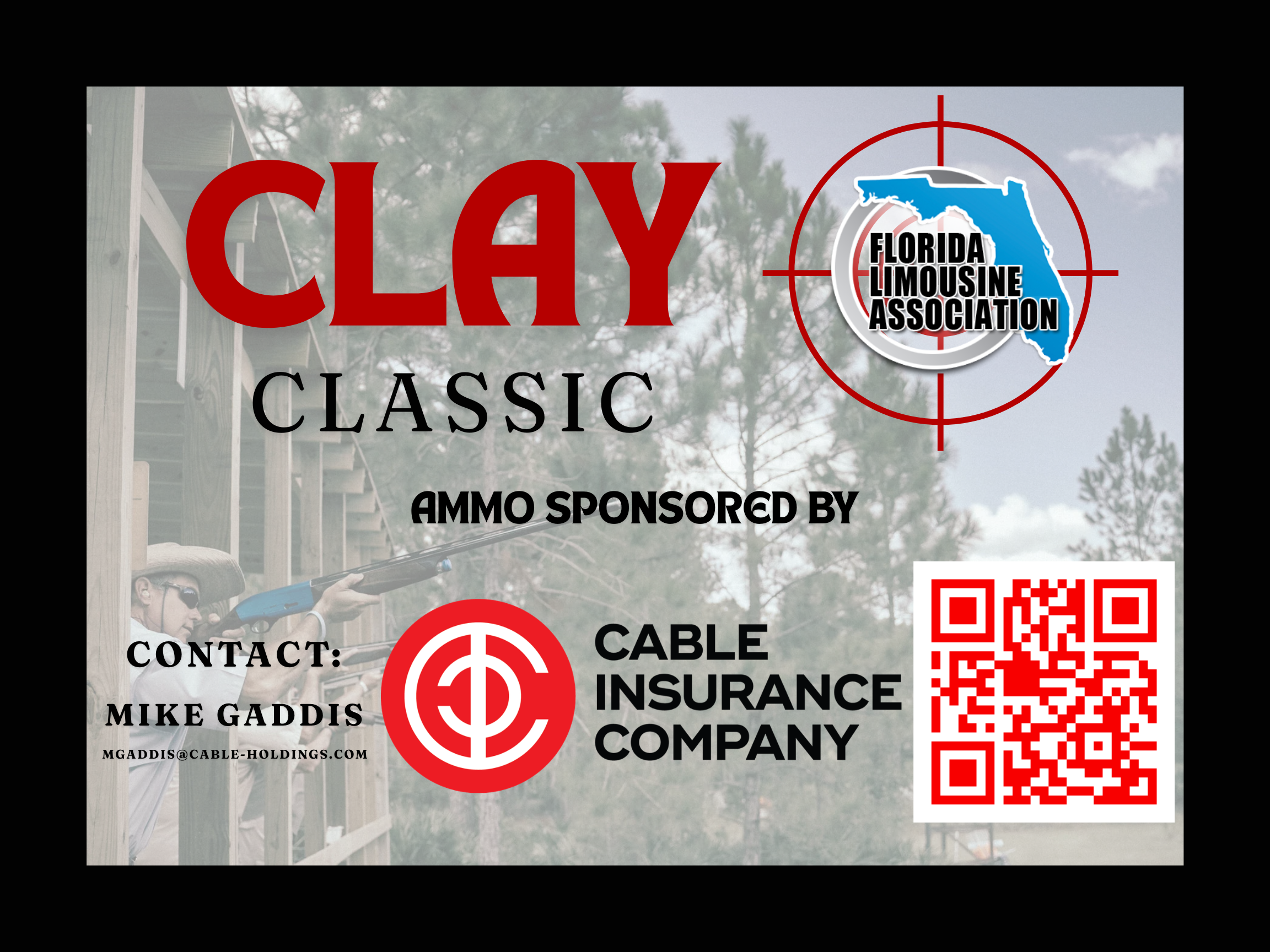 Advertisement for clay classic event sponsored by Florida Limousine Association, including contact information and a QR code.