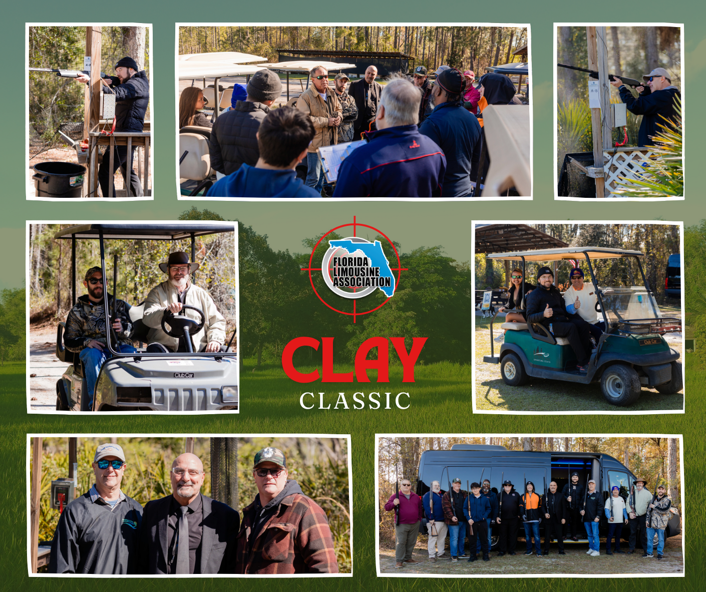 Group photos of people participating in a clay shooting event organized by the Florida Limousine Association. The collage includes individuals aiming rifles, sitting in golf carts, and standing together outdoors in a wooded setting. The center features a logo of the Florida Limousine Association with the text "Clay Classic" and a silhouette of the state of Florida.