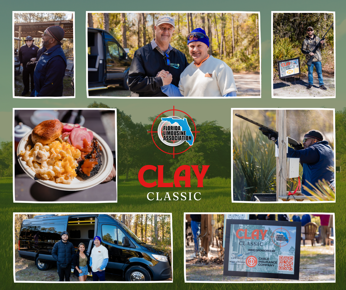 collage of photos from the Florida Limousine Association's Clay Classic event, including people showing off hunting gear, exchanging smiles, a man aiming a shotgun, a plate of food, a prize sign, and event attendees posing with a black van.