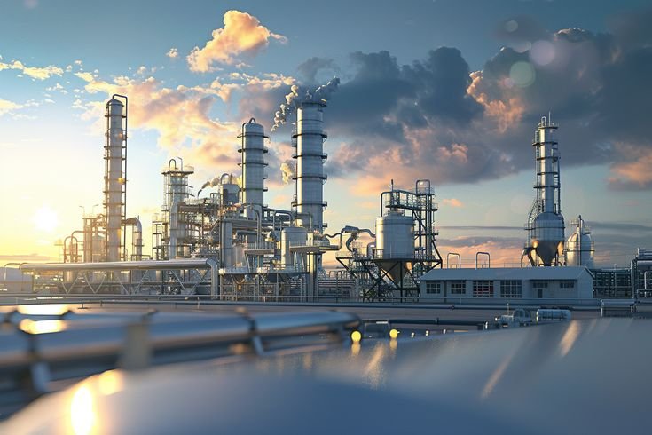 Imagen de un espacio de trabajo en una oficina de ingeniería con planos, computadores y herramientas, con vista a una planta industrial exterior con maquinaria pesada y drones.