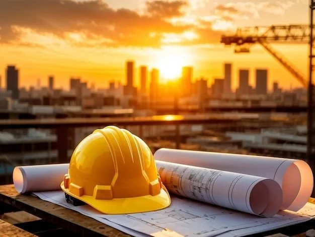 Casco de seguridad amarillo y planos de construcción sobre una mesa en un sitio de construcción al atardecer con vista a una ciudad y una grúa en el fondo.