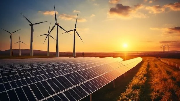 Paneles solares y aerogeneradores en un campo durante la puesta del sol, capturando energía renovable.
