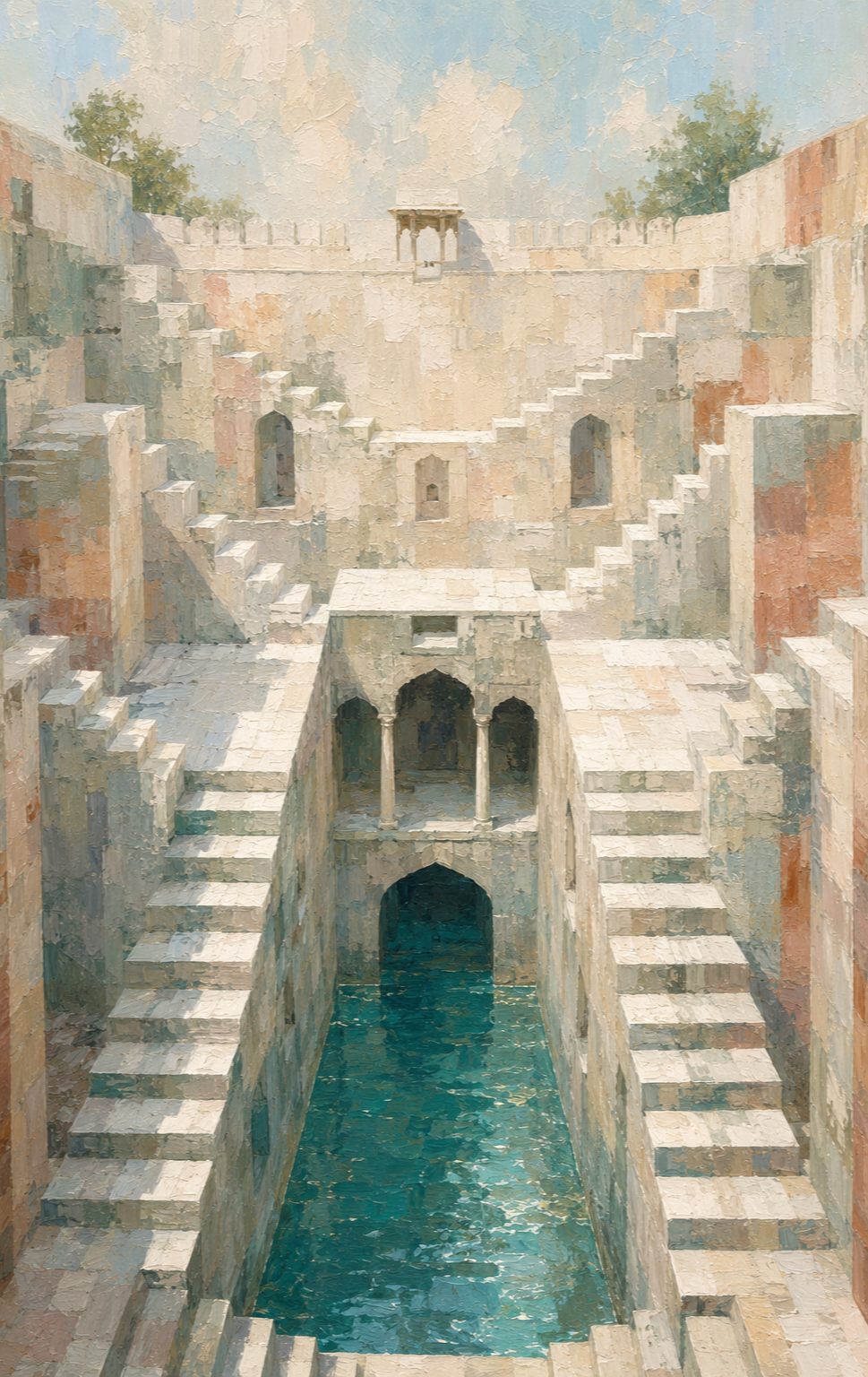 Painting of an ancient stepwell with symmetrical staircases on either side leading down to water, featuring arches and columns, with trees visible in the background.