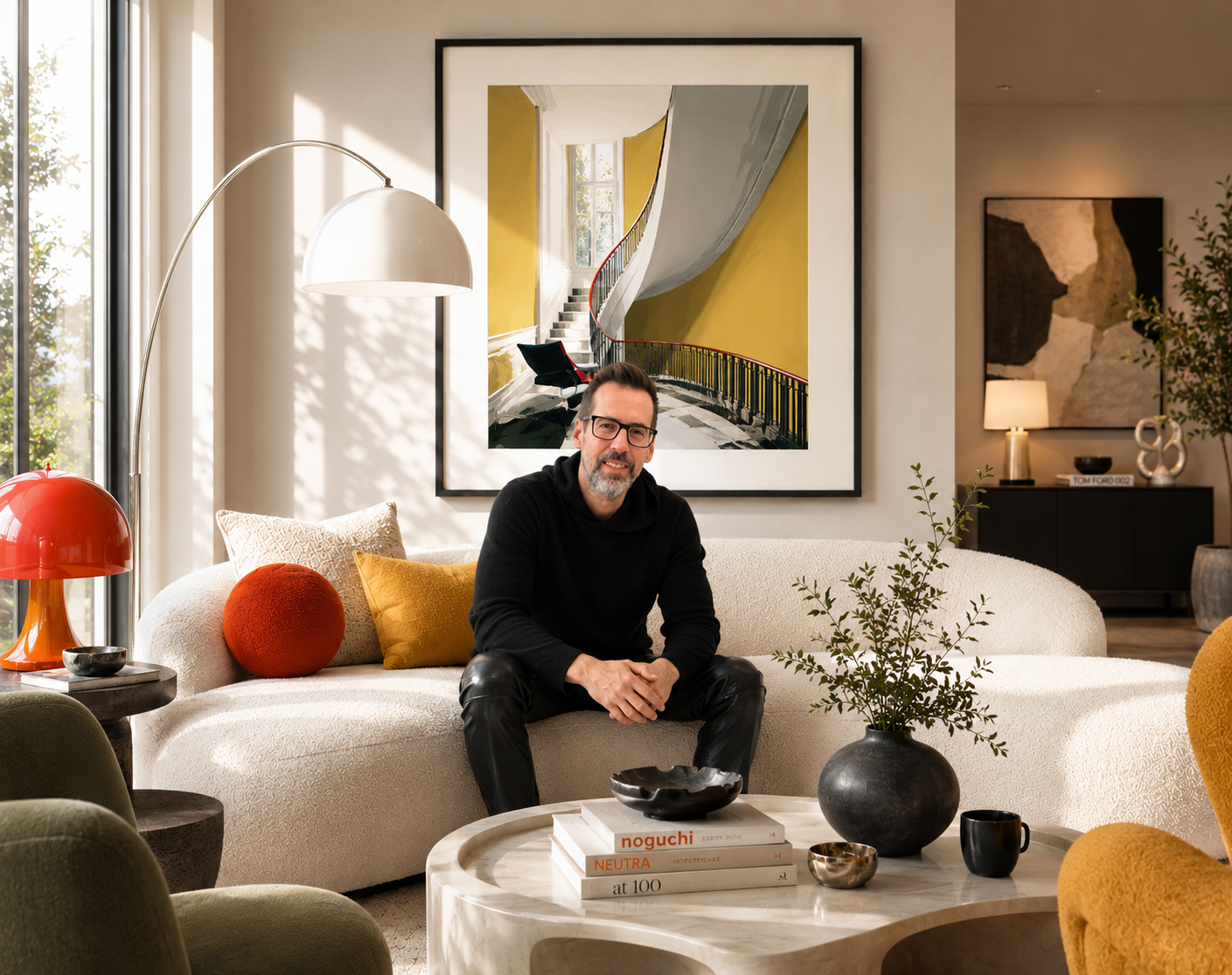 A man sitting on a white sofa in a modern, well-decorated living room with artwork, plants, and decorative objects.