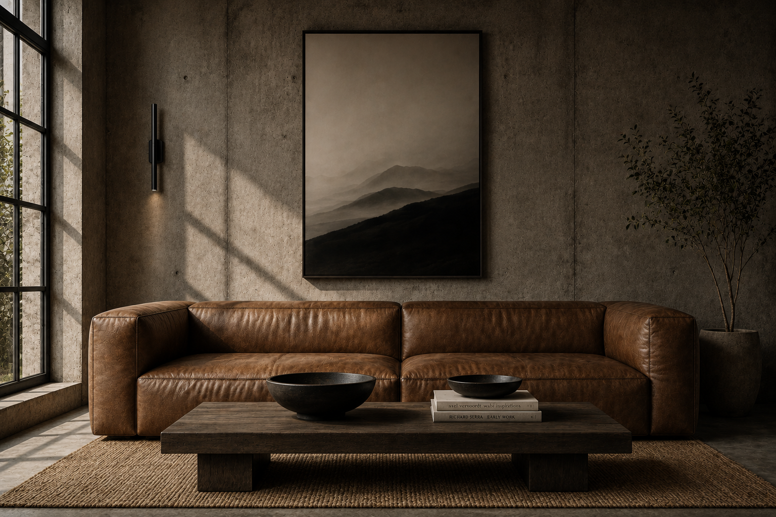 Modern living room featuring a brown leather sofa, a low wooden coffee table with black bowls and books, a large framed black and white mountain landscape photograph on textured gray wall, a tall potted plant, and a floor-to-ceiling window allowing natural light.