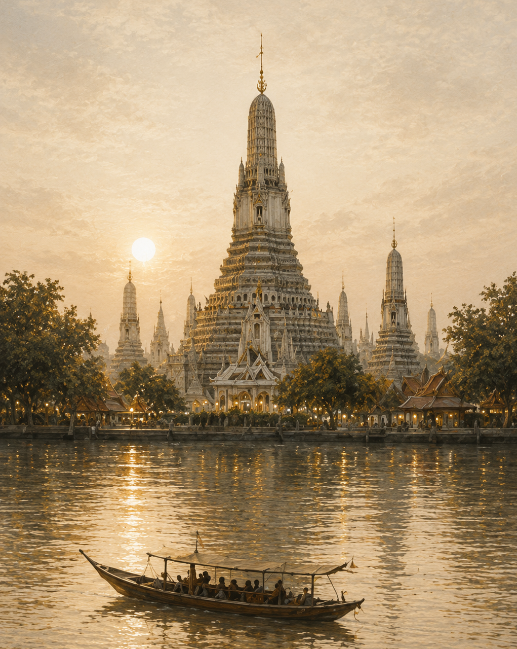 A temple with multiple towers reflecting in a river, a boat with passengers floating in the foreground during sunset.