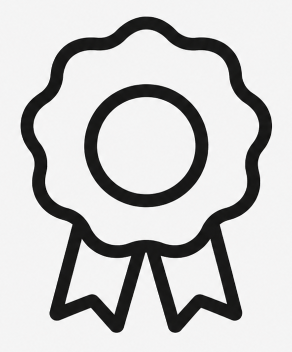 Outline of a ribbon award or badge with a circular center and two ribbon tails at the bottom.