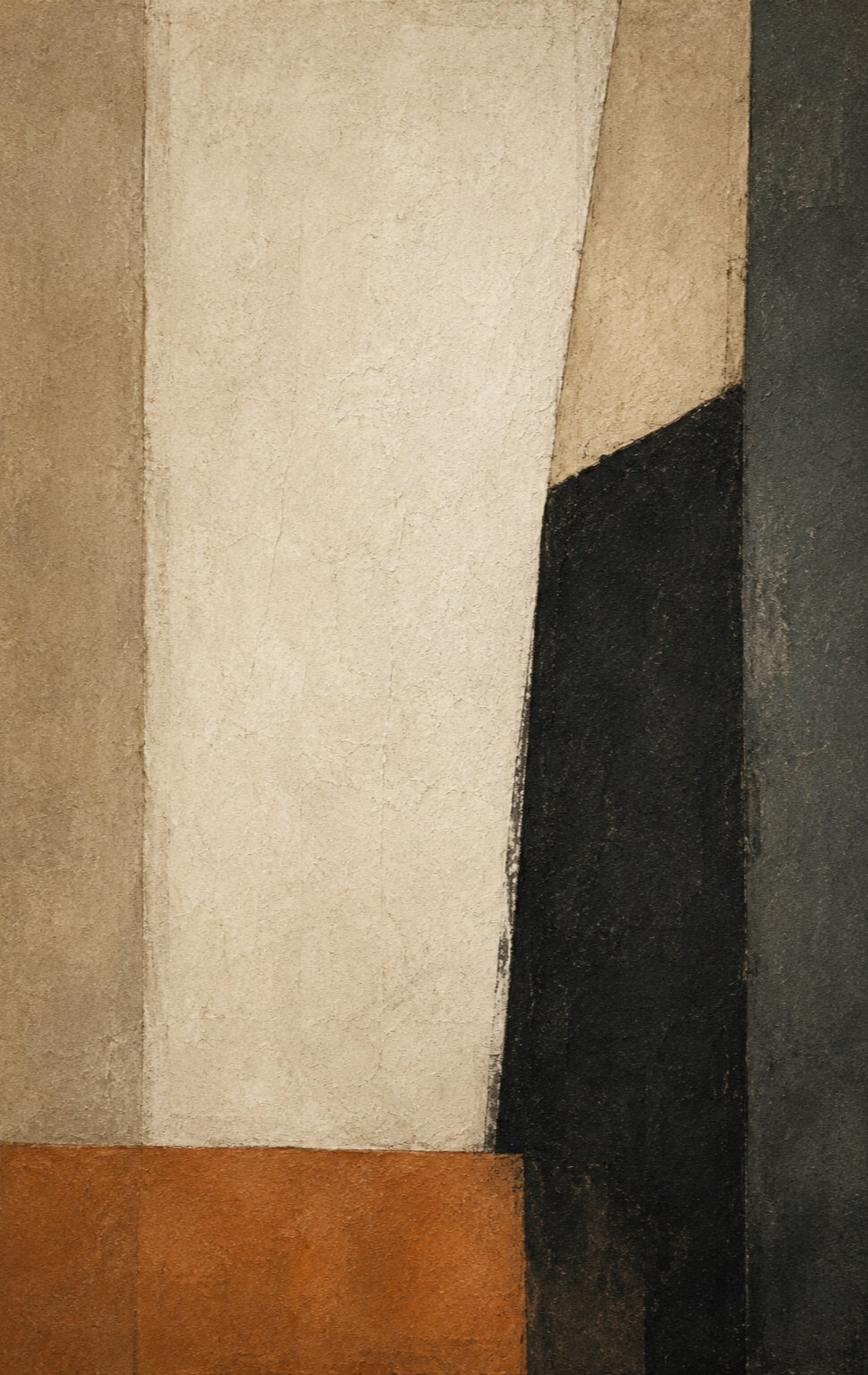Abstract painting with geometric shapes and blocks of beige, black, and brown colors.