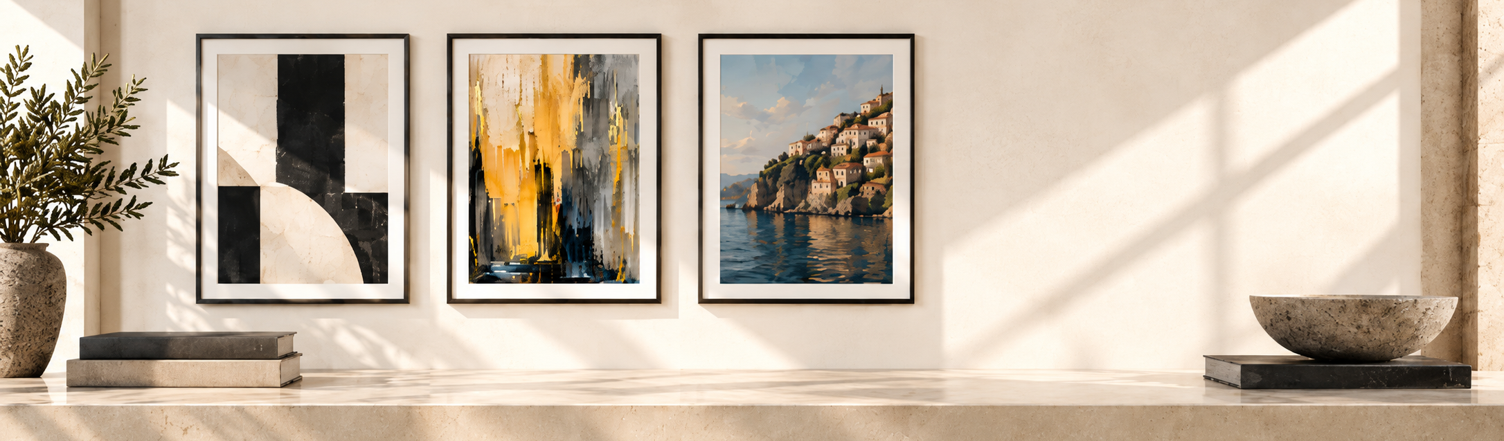 Three framed artworks hanging on a white wall, flanked by a potted plant on the left and a large stone bowl on the right, with shadow lines cast on the wall.