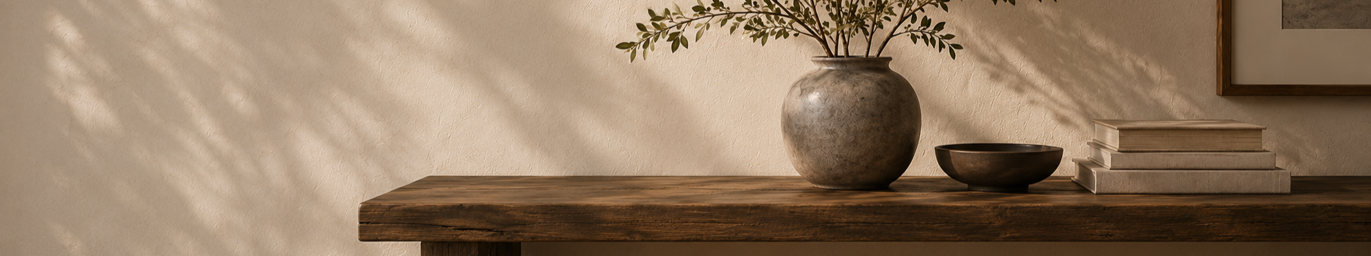 Decorative wooden console table with a large ceramic vase holding green foliage, a small black bowl, and a stack of books, with light filtering through window blinds creating shadow patterns on the wall.