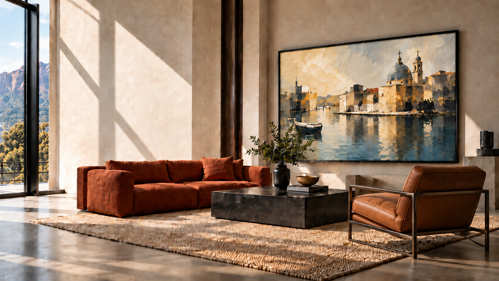 Modern living room featuring contemporary framed wall art, rust-colored sofa, leather armchair, black marble coffee table, and floor-to-ceiling windows.