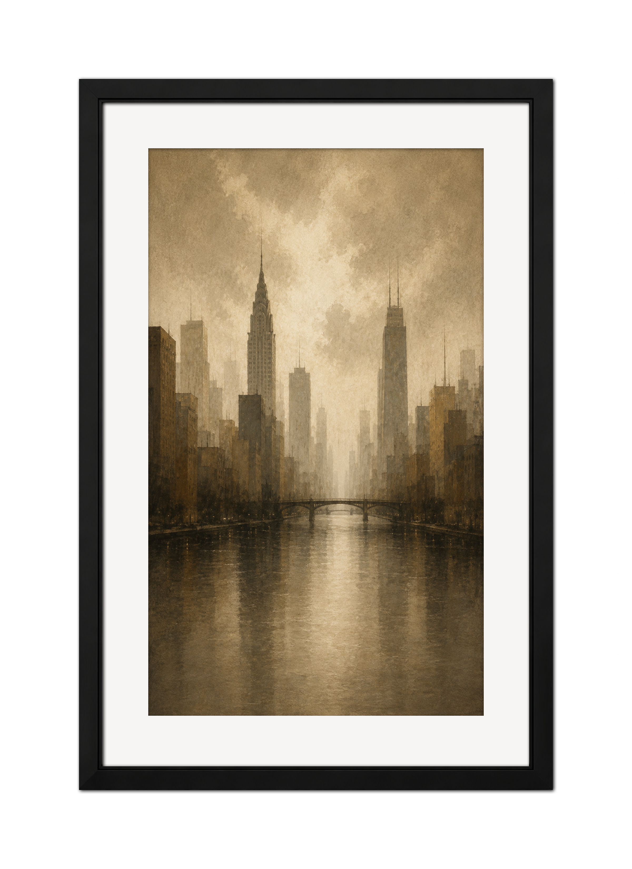 A framed sepia-toned photograph of a city skyline featuring tall skyscrapers, including the Empire State Building, with a river or canal in the foreground and cloudy sky above.