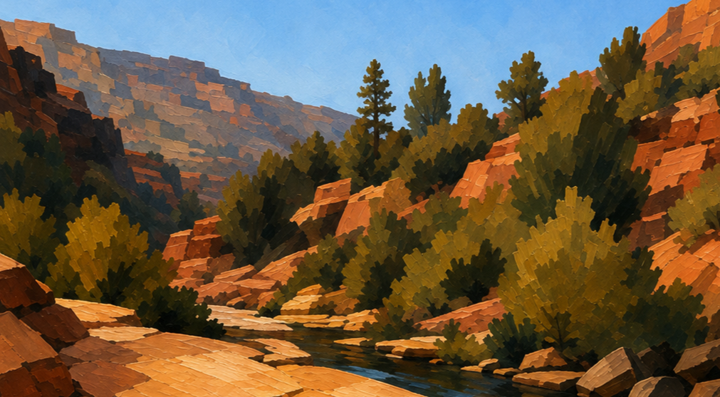 Scenic landscape painting of a canyon with a river running through, surrounded by rocky red cliffs and green pine trees under a clear blue sky.