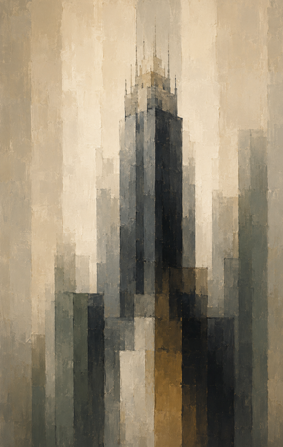 Painting of a tall skyscraper with surrounding buildings in an abstract, blocky style.