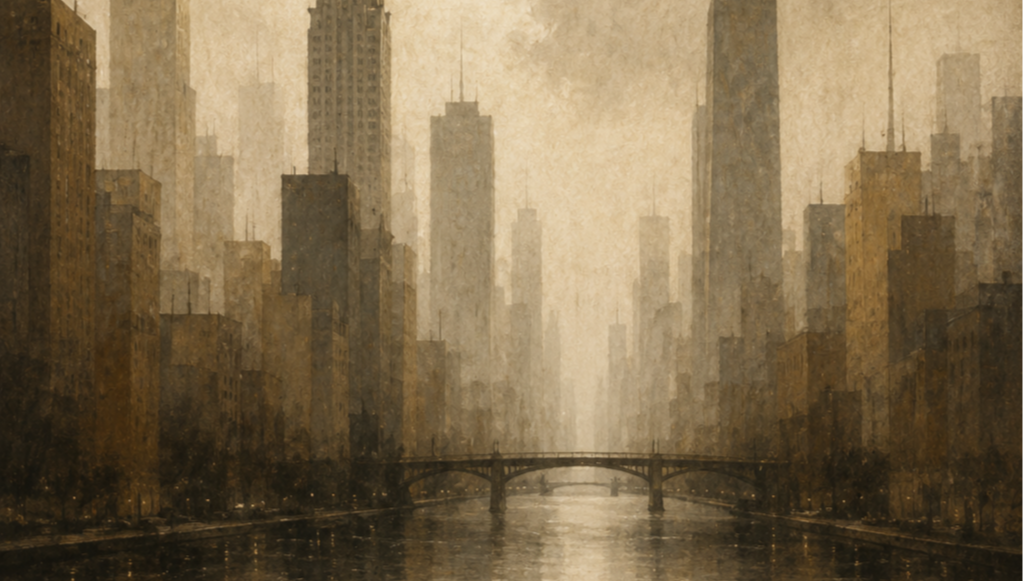 A watercolor-style painting of a city skyline with tall buildings on either side of a river, with a bridge crossing the river in the foreground.